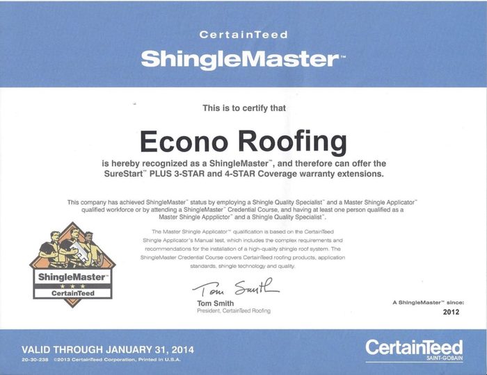 CertainTeed Select ShingleMaster certificate for Econo Roofing, ShingleMaster since 2012