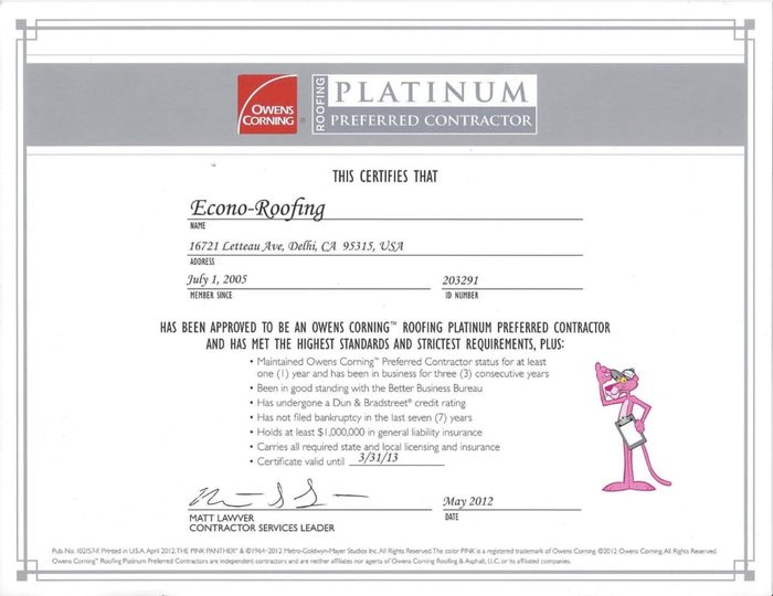 Owens Corning Platinum Preferred Contractor certificate issued to Econo Roofing, Delhi CA