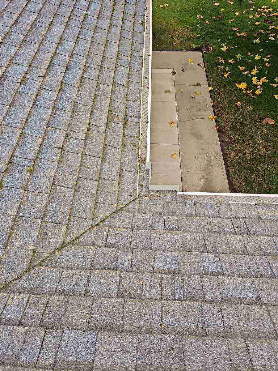 Clogged front gutter packed with debris sheeting water behind the fascia at Virginia Street Atwater