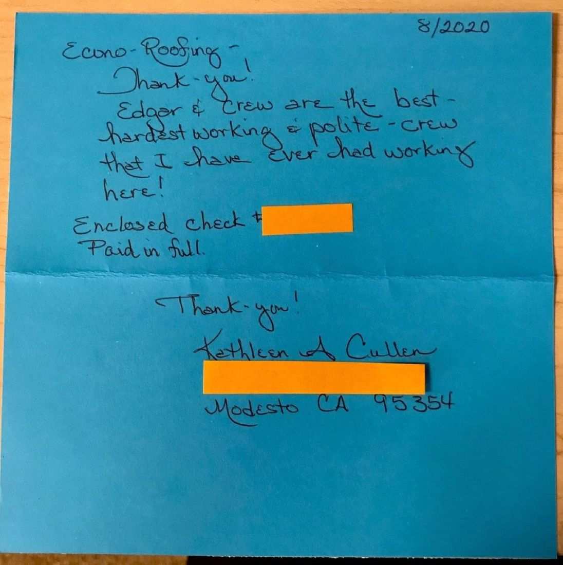 Handwritten thank-you note from Kathleen Cullen of Modesto, August 2020, praising Edgar & crew