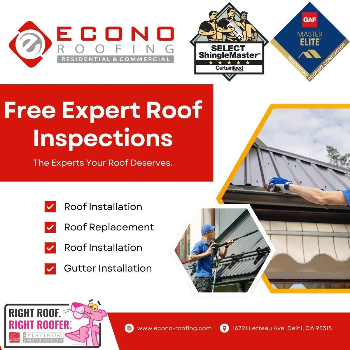 Free roof inspection by Econo Roofing — inspector on a roof with CertainTeed and GAF badges
