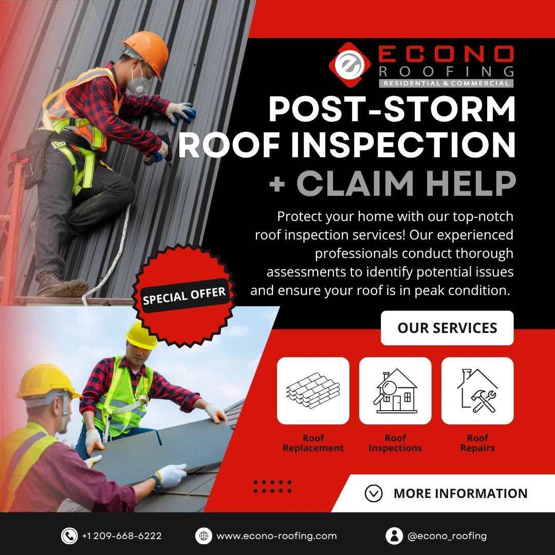 Econo Roofing crew assessing storm damage — free post-storm inspection and insurance claim help